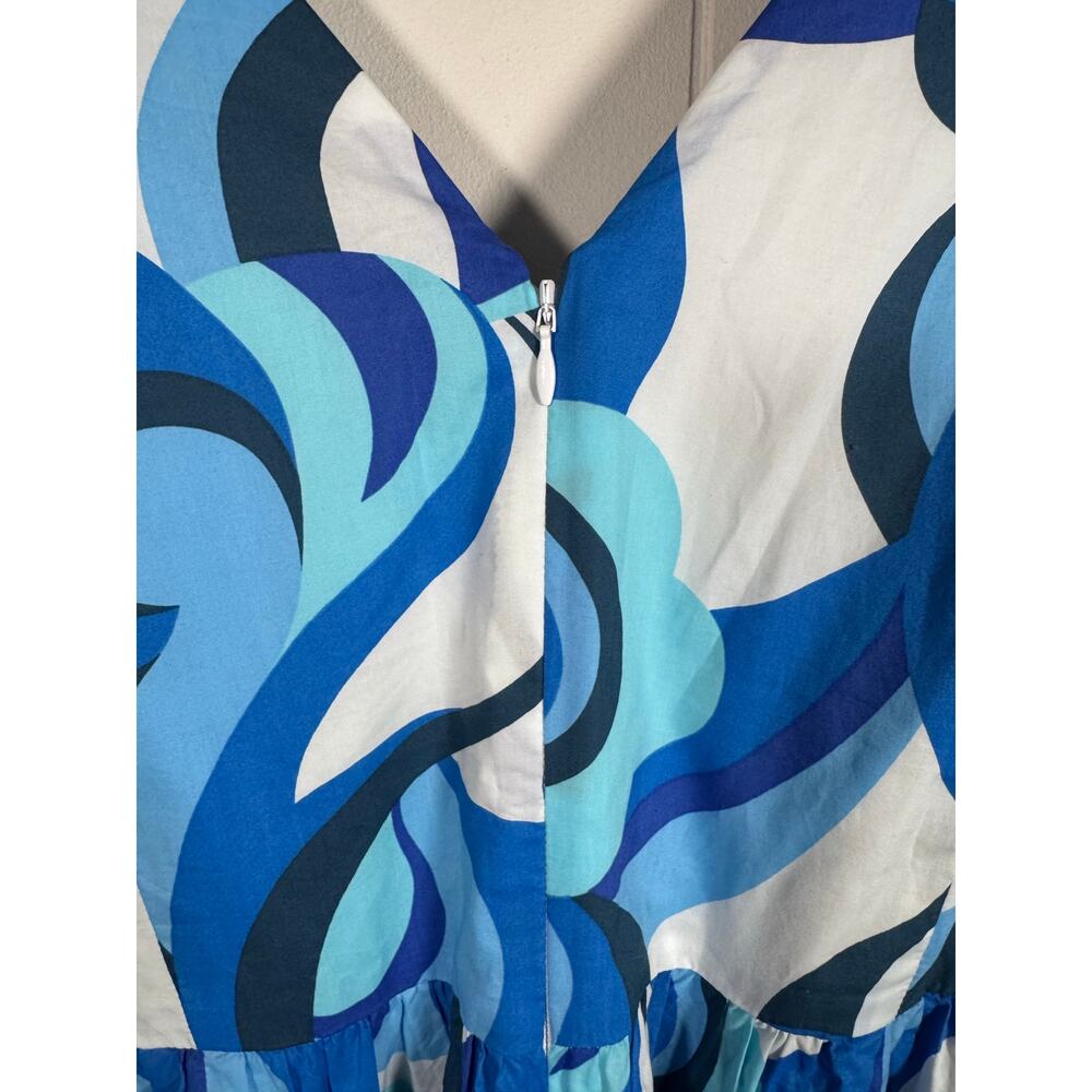 Boden Blue Abstract V-Neck Belted Midi Dress Fit & Flare‎ Sleeveless Size 14R - Picture 10 of 12